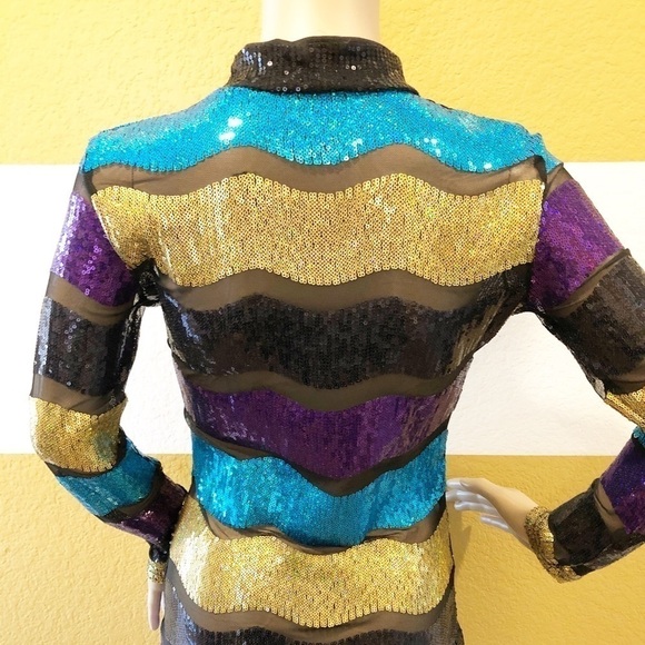 High Neck Colorful Striped Glitter Sexy Sequin Bodycon Clubwear Dress - Picture 6 of 9